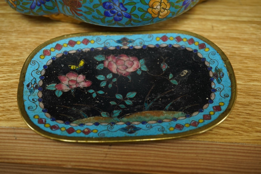 A late 19th century Chinese floral decorated cloisonné enamel quatrefoil shaped bowl on four feet and a similar pin dish, Bowl 24cm wide. Condition - interior marked